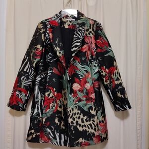 Tropical Floral Animal Matelasse Jacquard Coat, Size 14